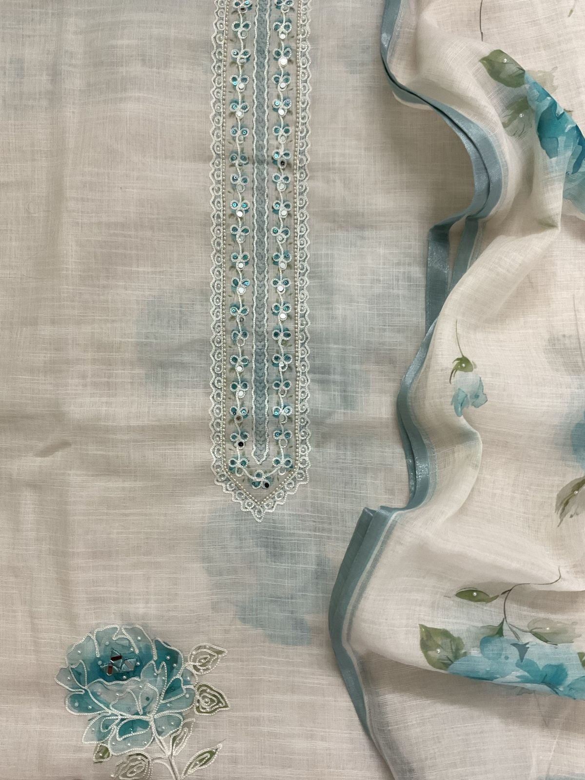 Soft Linen Jute Cotton Printed Embroidered Suit - Offwhite