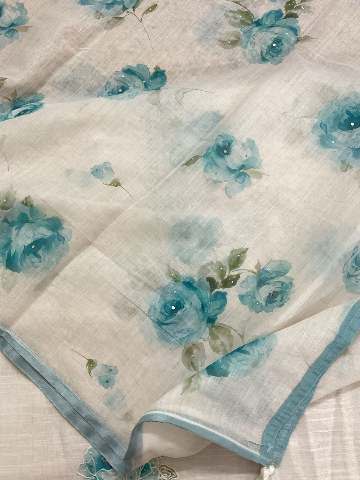 Soft Linen Jute Cotton Printed Embroidered Suit - Offwhite