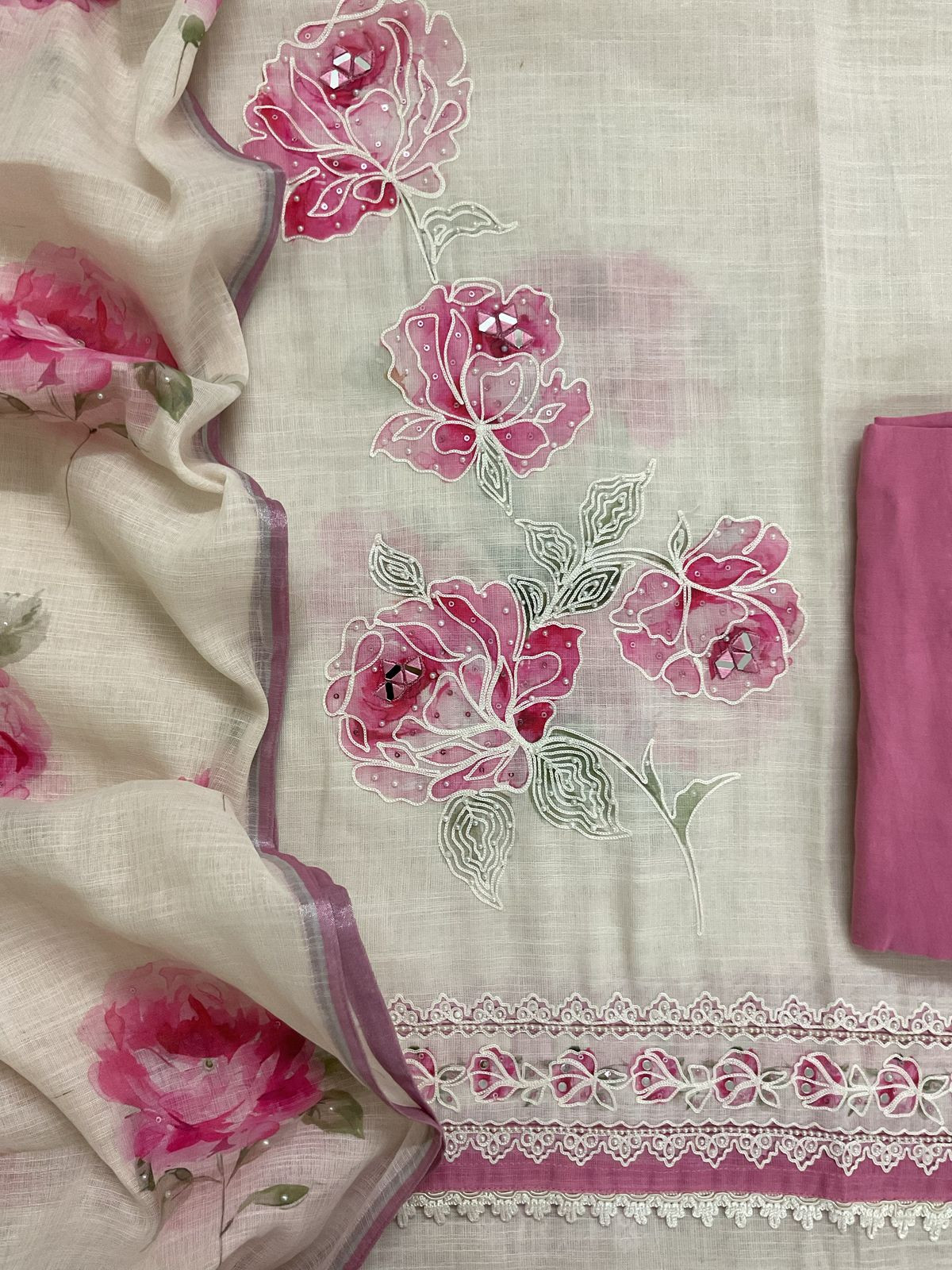 Soft Linen Jute Cotton Printed Embroidered Suit - Offwhite