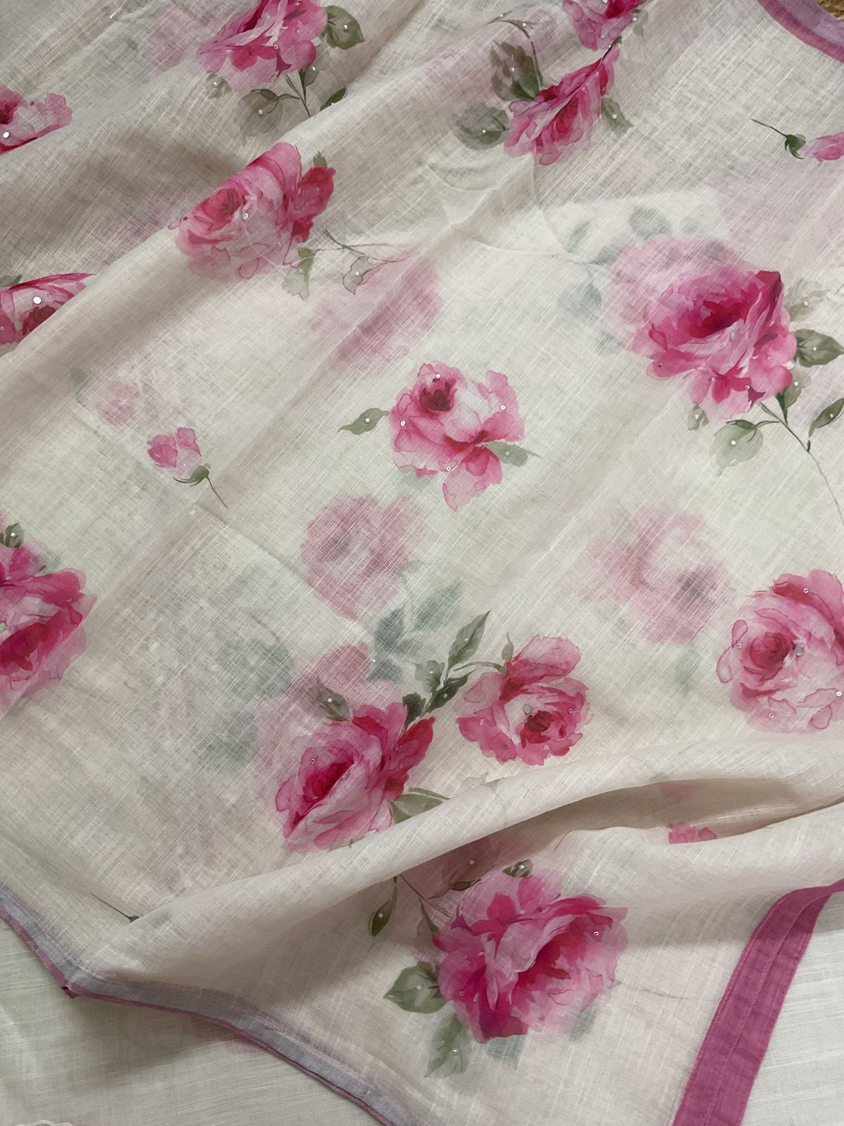 Soft Linen Jute Cotton Printed Embroidered Suit - Offwhite