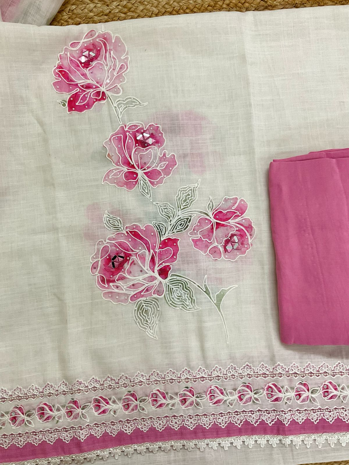 Soft Linen Jute Cotton Printed Embroidered Suit - Offwhite