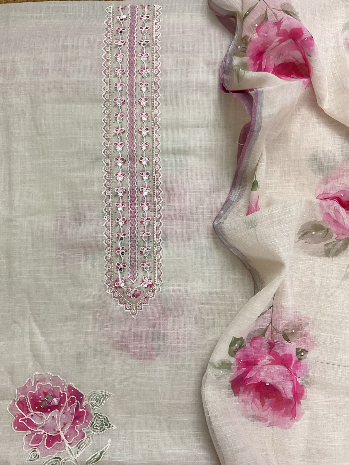 Soft Linen Jute Cotton Printed Embroidered Suit - Offwhite