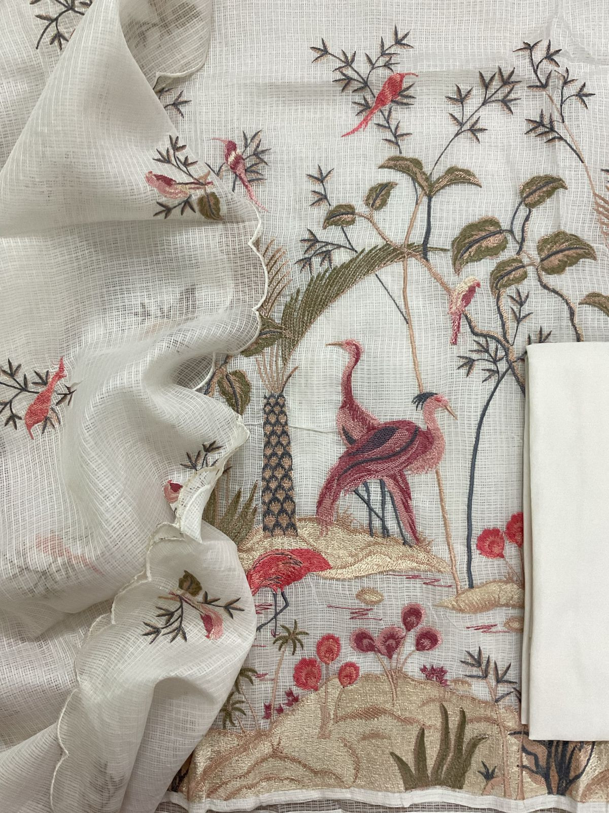 Soft Kota Silk Embroidered Suit - Offwhite