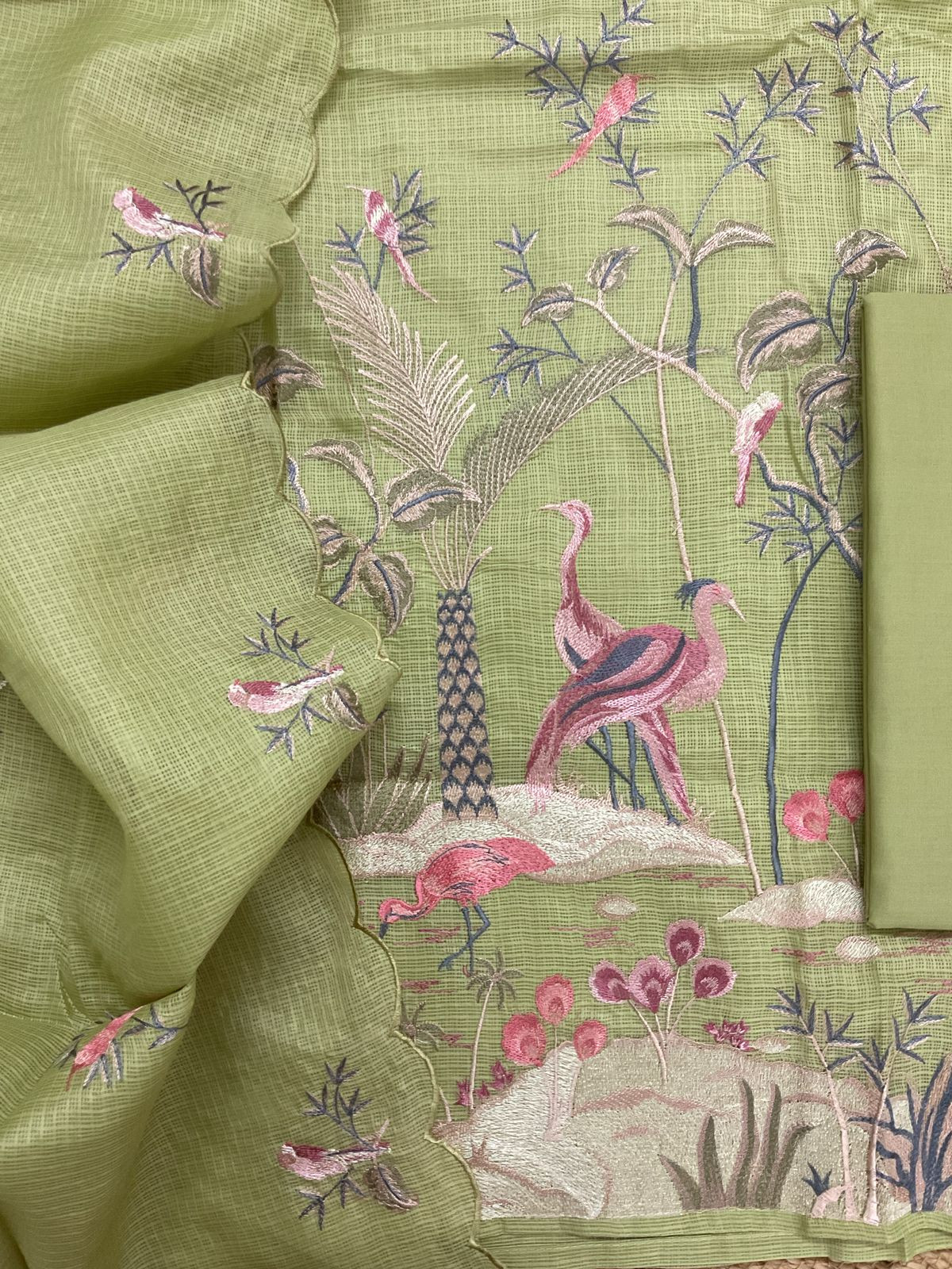 Soft Kota Silk Embroidered Suit - Green