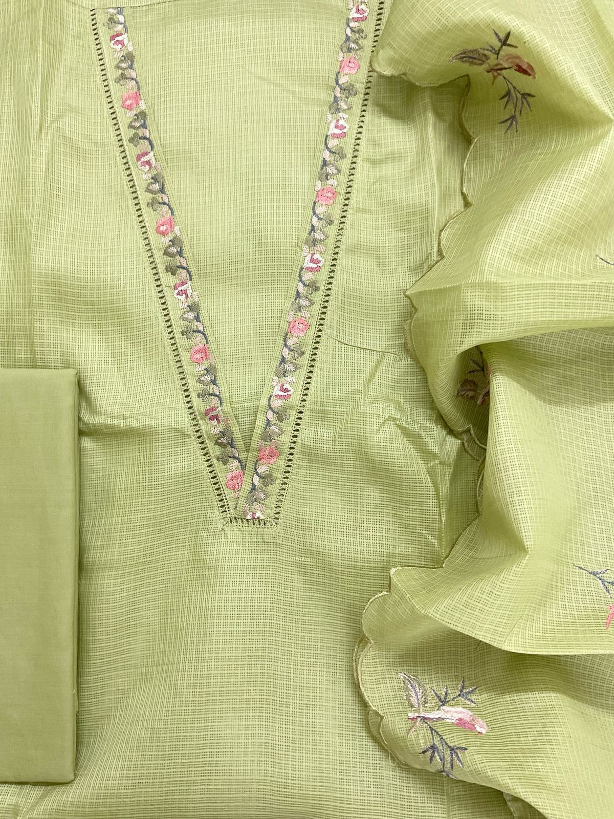 Soft Kota Silk Embroidered Suit - Green