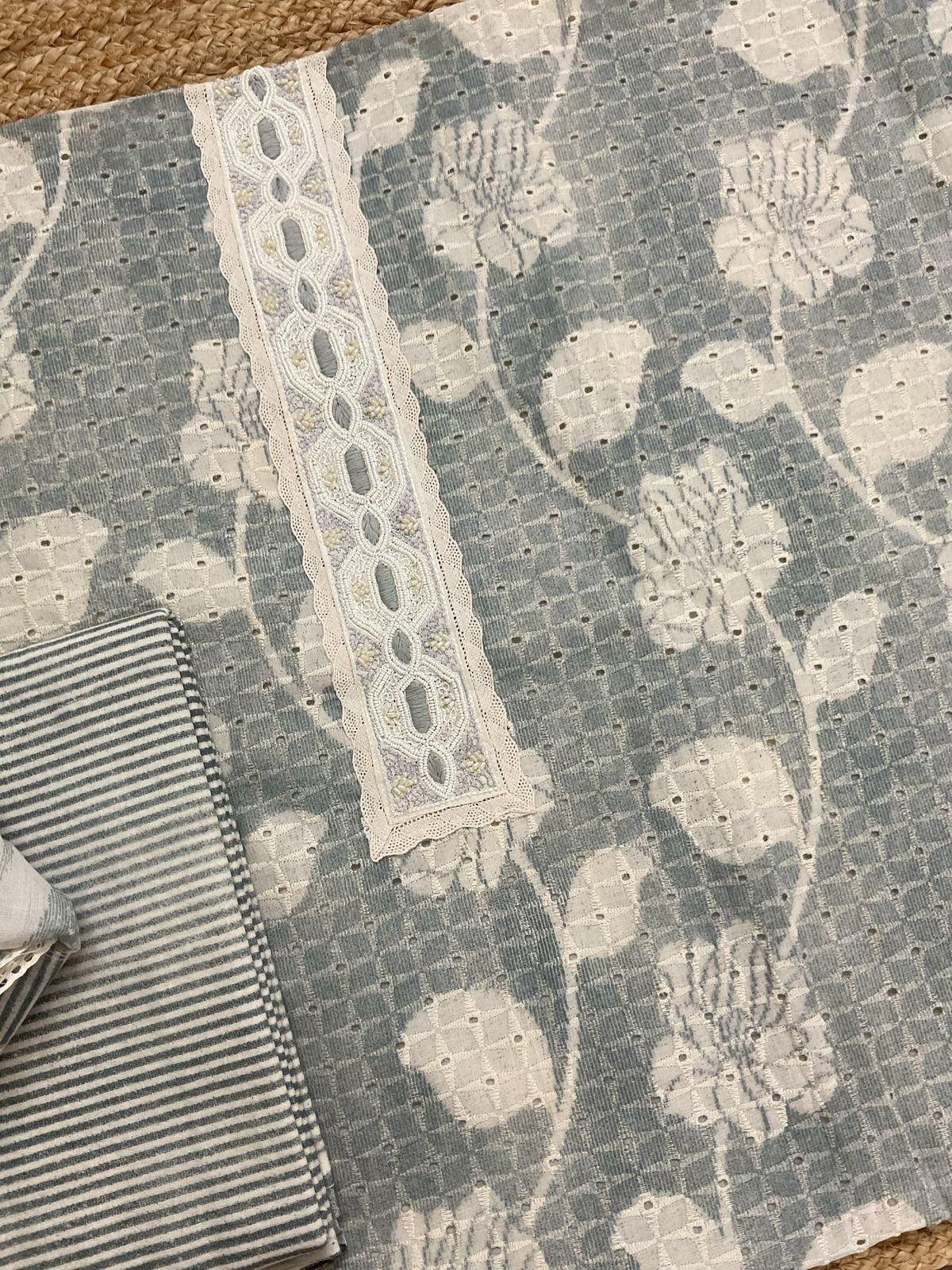 Pure Hakoba Cotton Printed Embroidered Suit - Grey