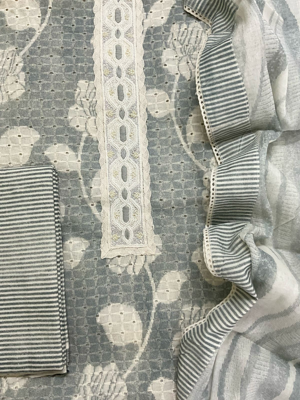 Pure Hakoba Cotton Printed Embroidered Suit - Grey
