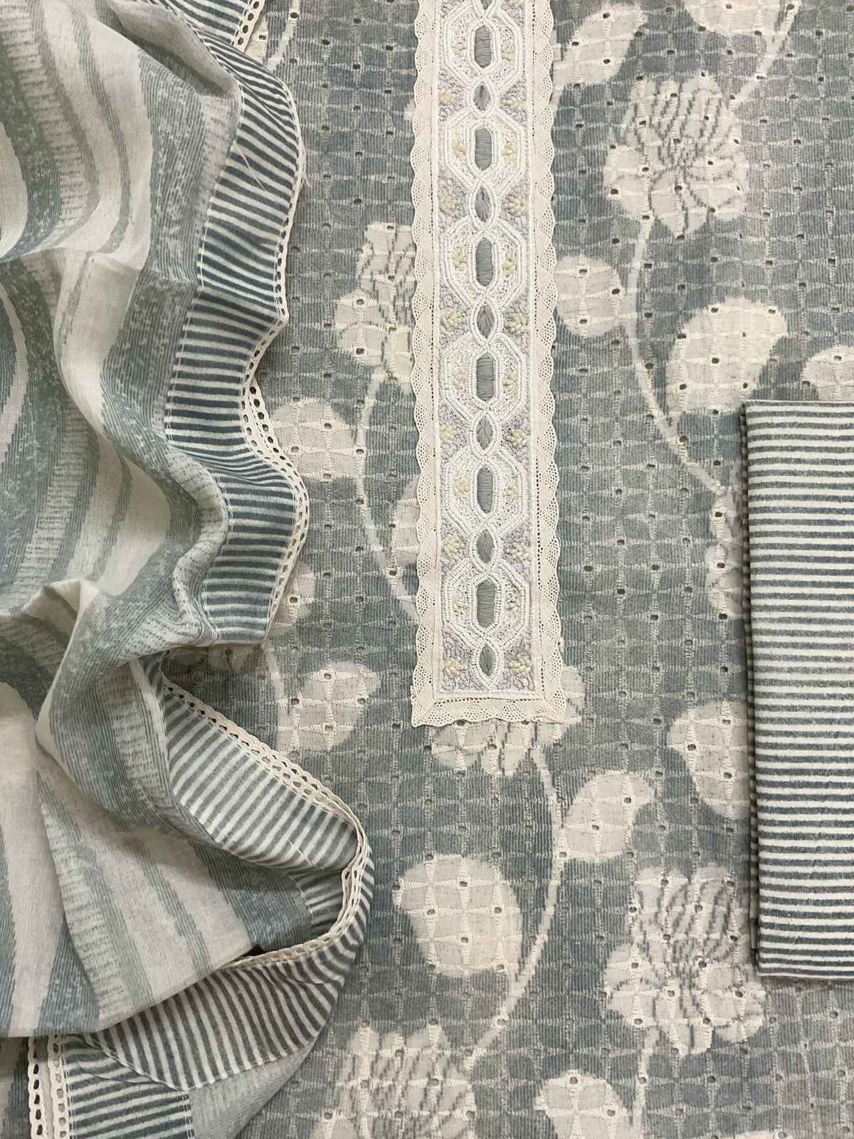 Pure Hakoba Cotton Printed Embroidered Suit - Grey