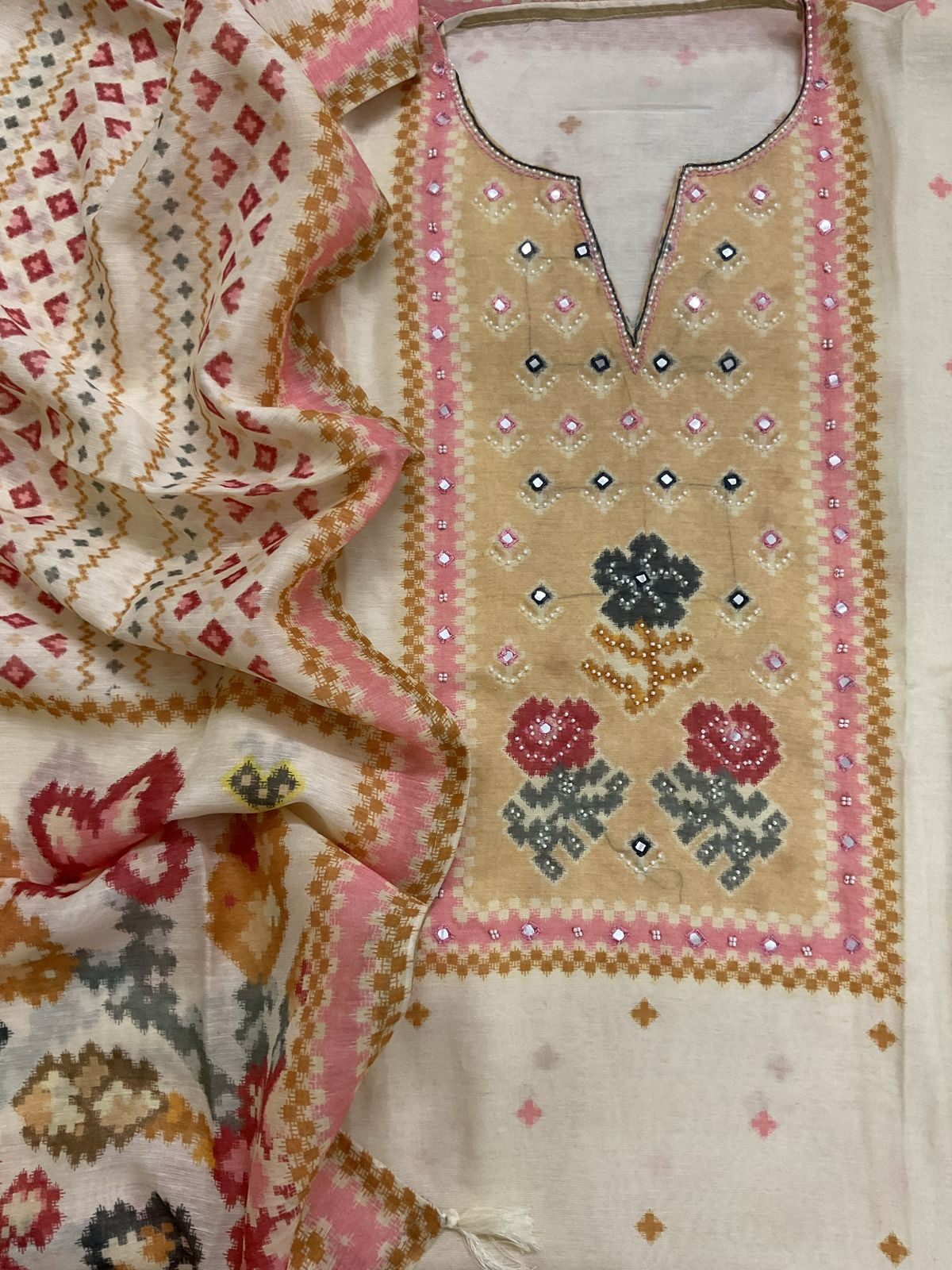 Pure Fine Slub Chanderi Printed Embroidered Suit - Cream