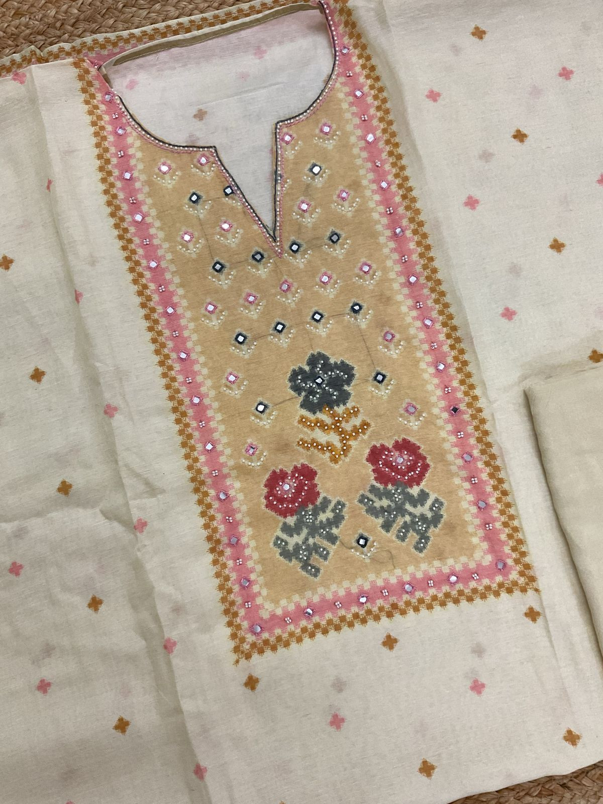 Pure Fine Slub Chanderi Printed Embroidered Suit - Cream