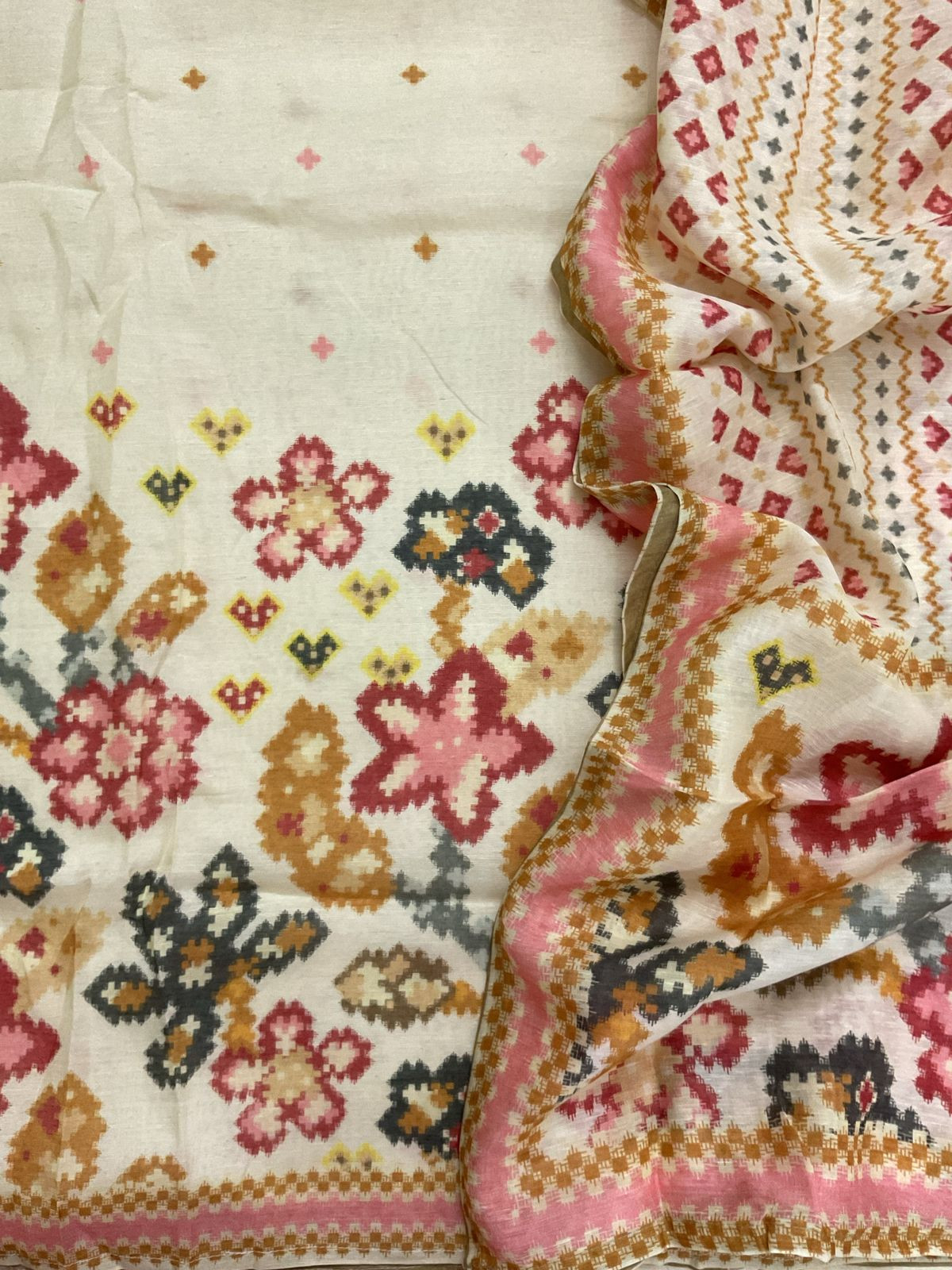 Pure Fine Slub Chanderi Printed Embroidered Suit - Cream