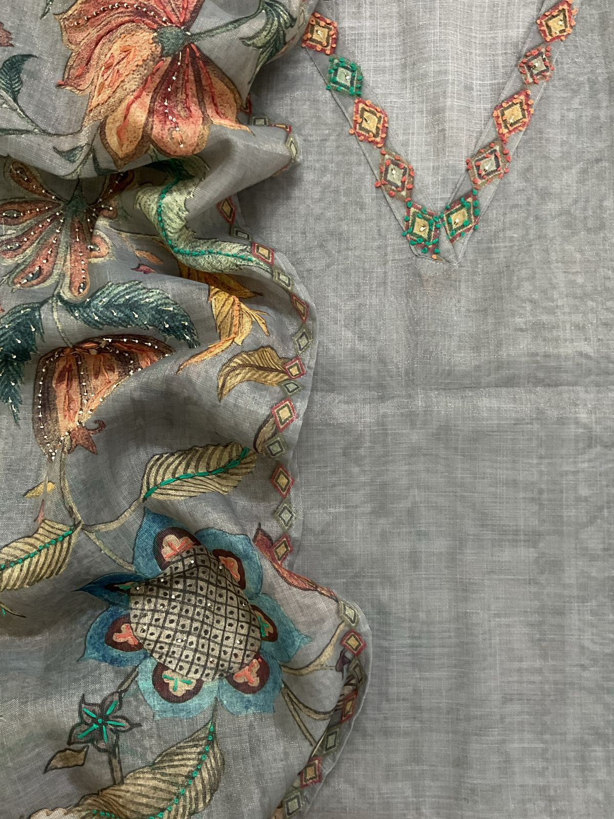 Soft Tissue Slub Cotton Printed Embroidered Suit - Grey