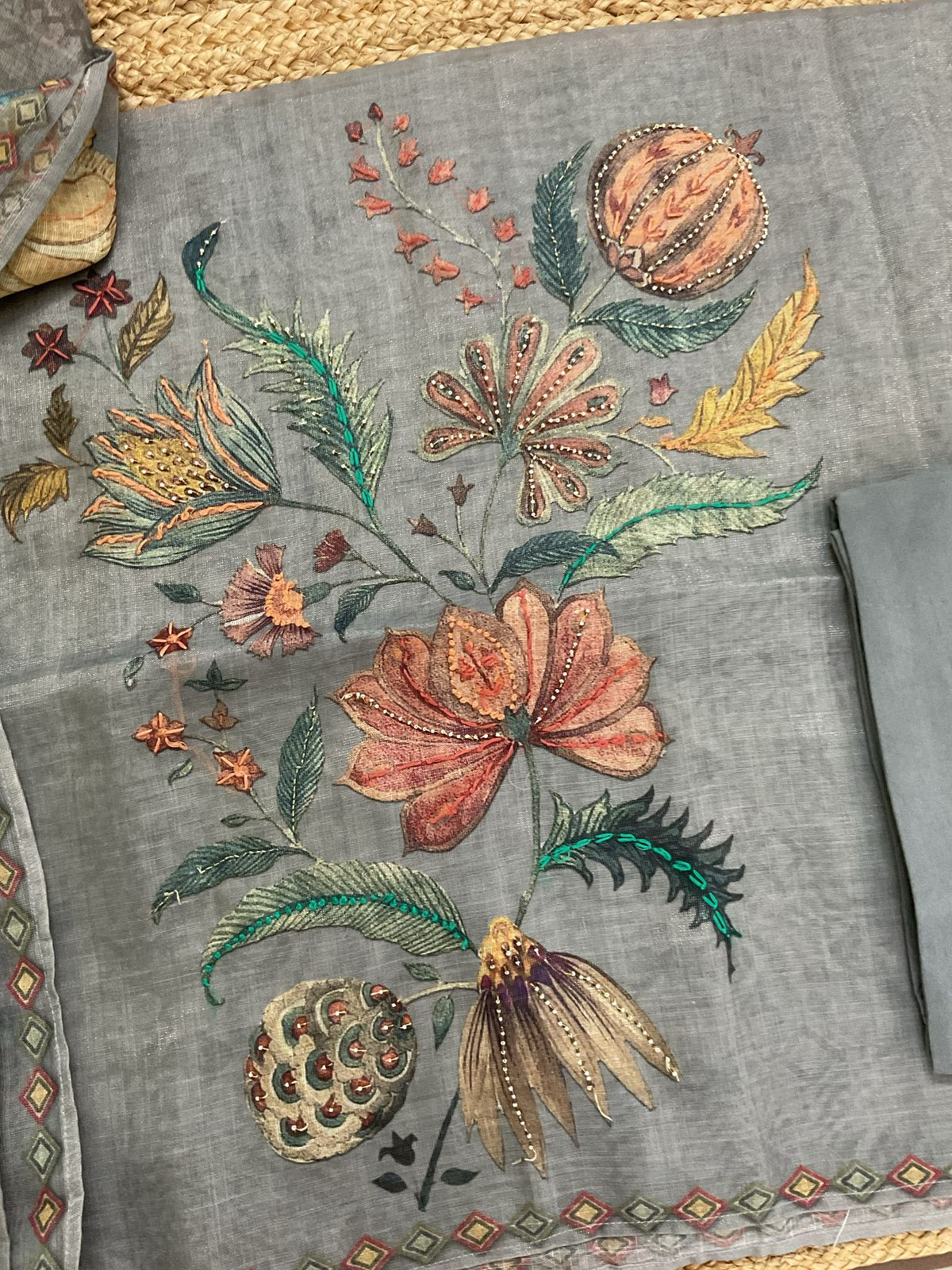 Soft Tissue Slub Cotton Printed Embroidered Suit - Grey