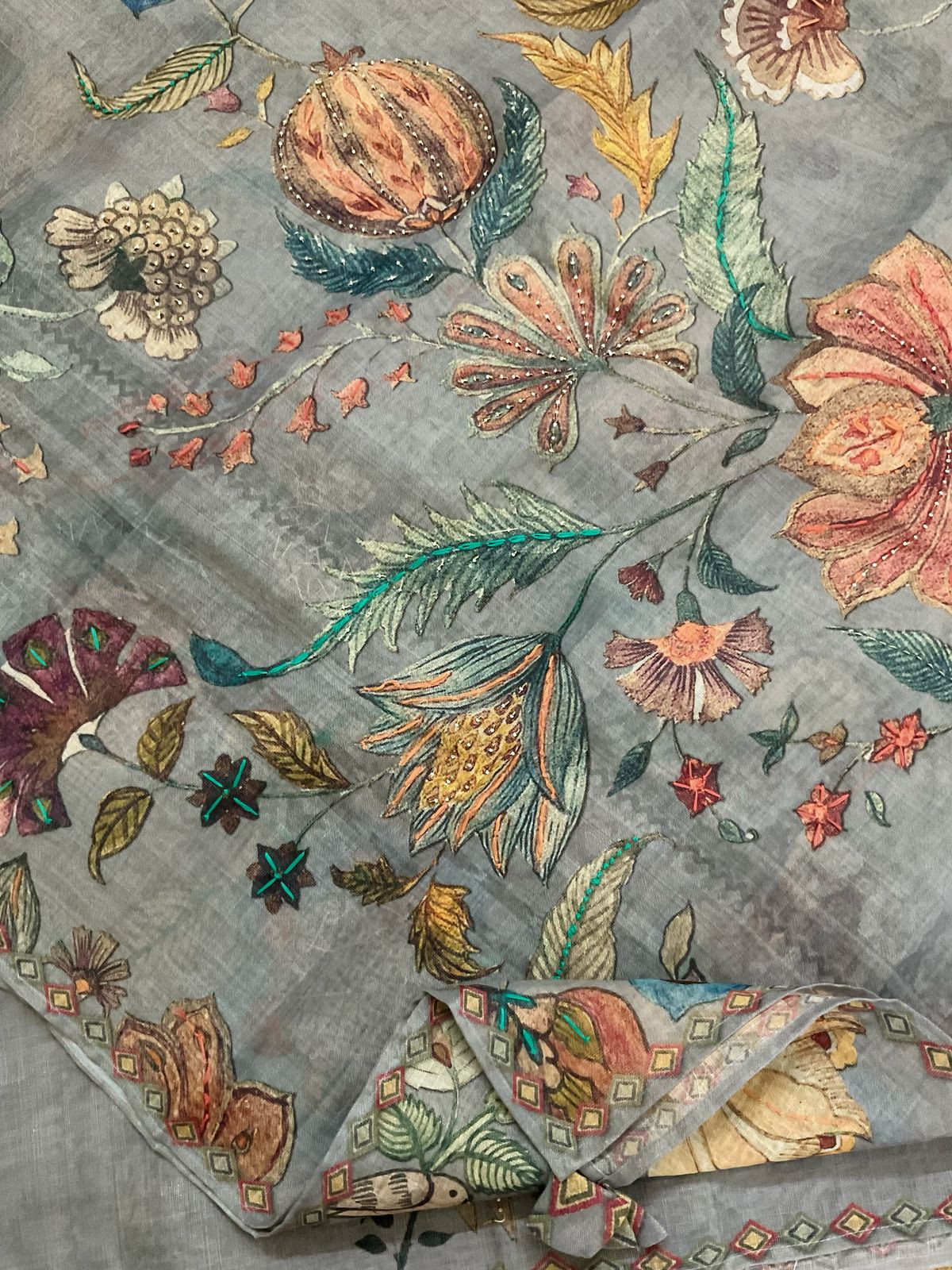 Soft Tissue Slub Cotton Printed Embroidered Suit - Grey