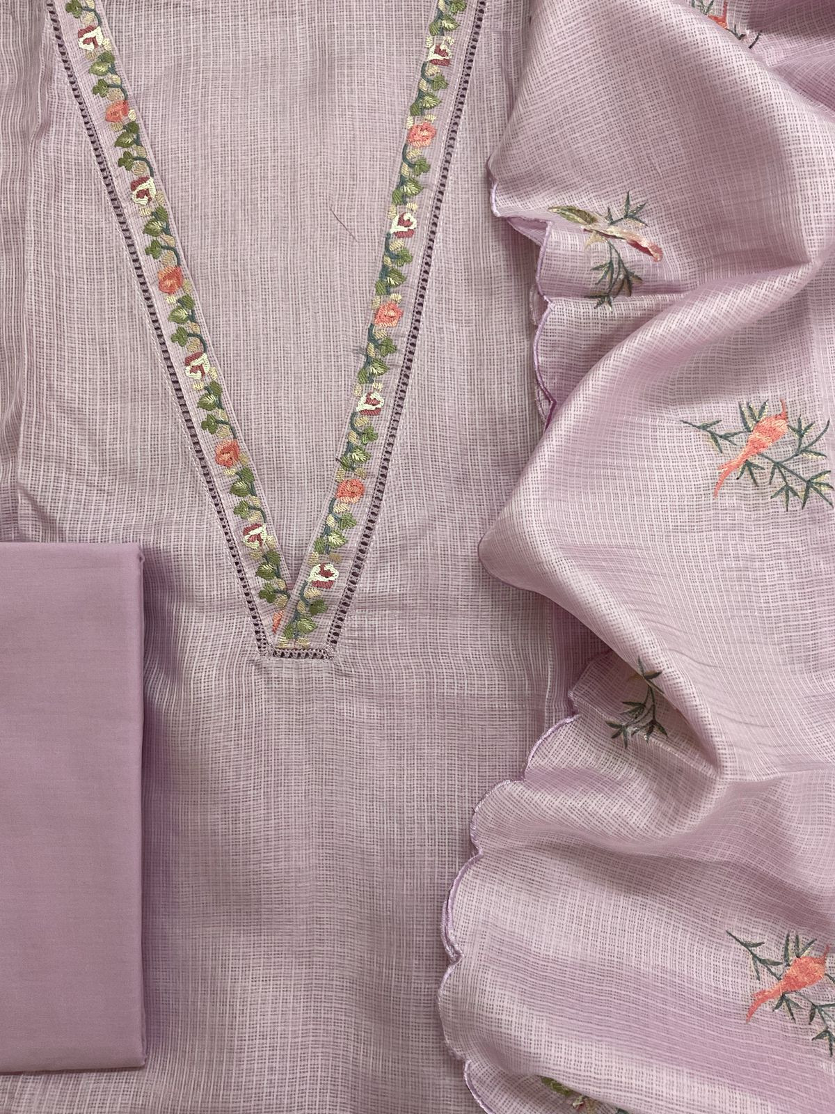 Soft Kota Silk Embroidered Suit - Lavender