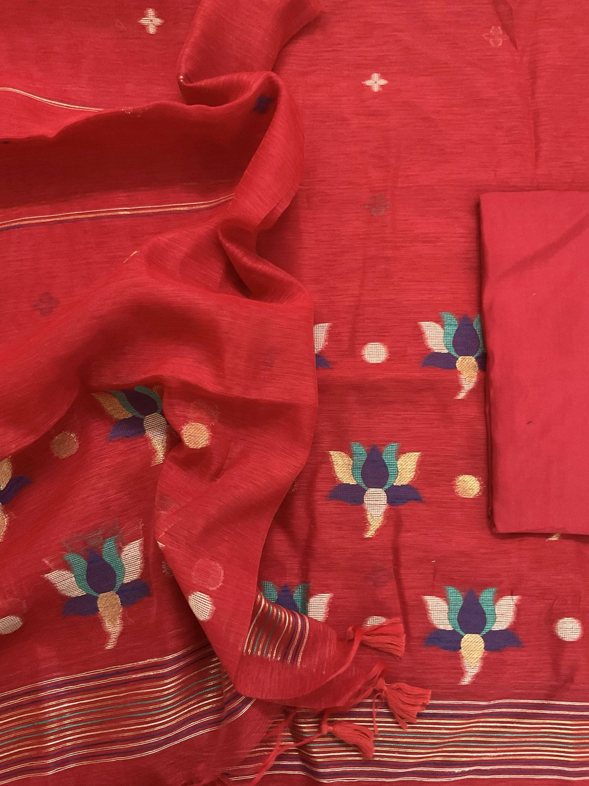 Soft Slub Chanderi Jamdani Weaved Suit - Red