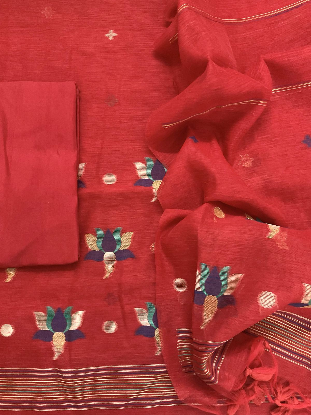 Soft Slub Chanderi Jamdani Weaved Suit - Red