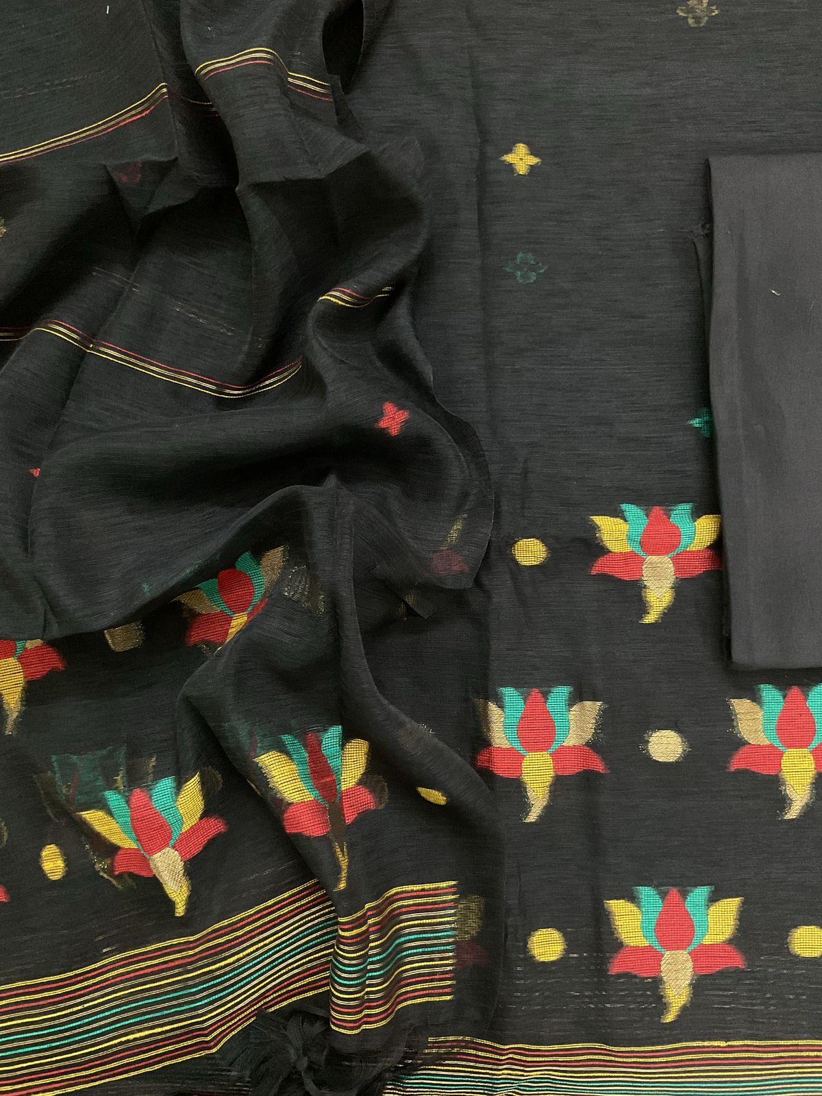 Soft Slub Chanderi Jamdani Weaved Suit - Black