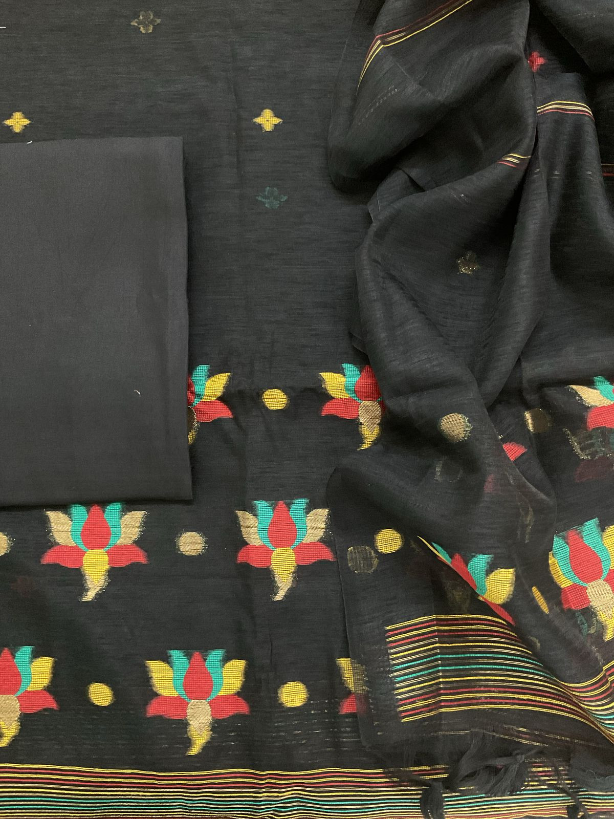 Soft Slub Chanderi Jamdani Weaved Suit - Black