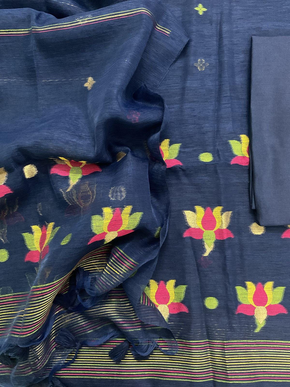 Soft Slub Chanderi Jamdani Weaved Suit - Dark Blue