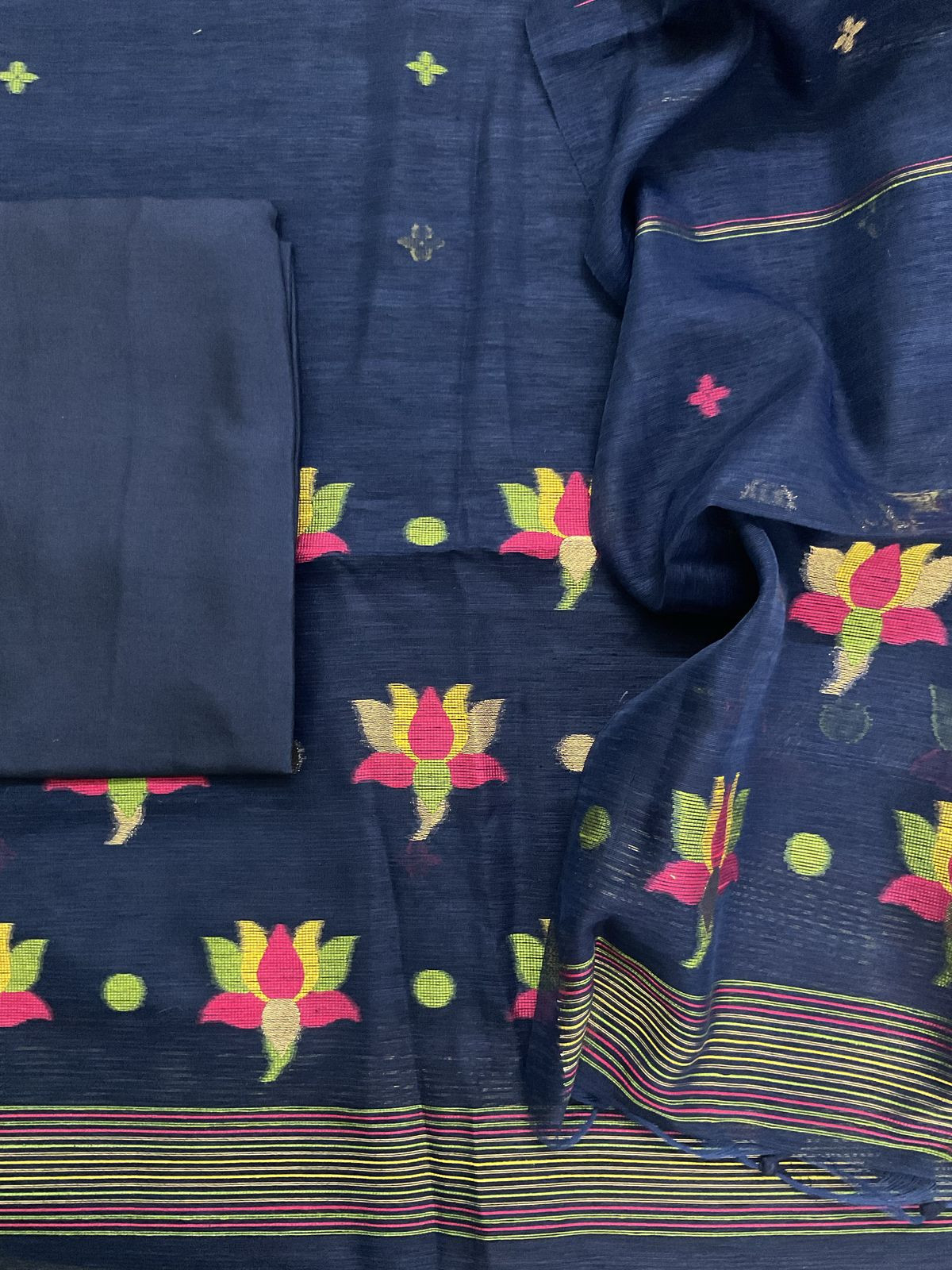 Soft Slub Chanderi Jamdani Weaved Suit - Dark Blue