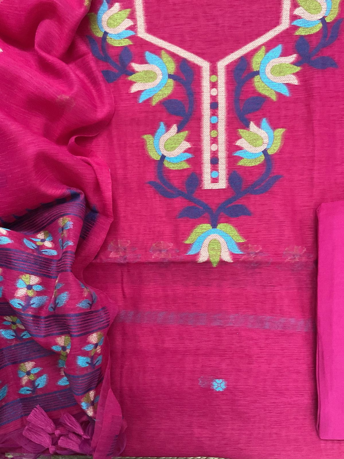 Soft Slub Chanderi Jamdani Weaved Suit - Pink