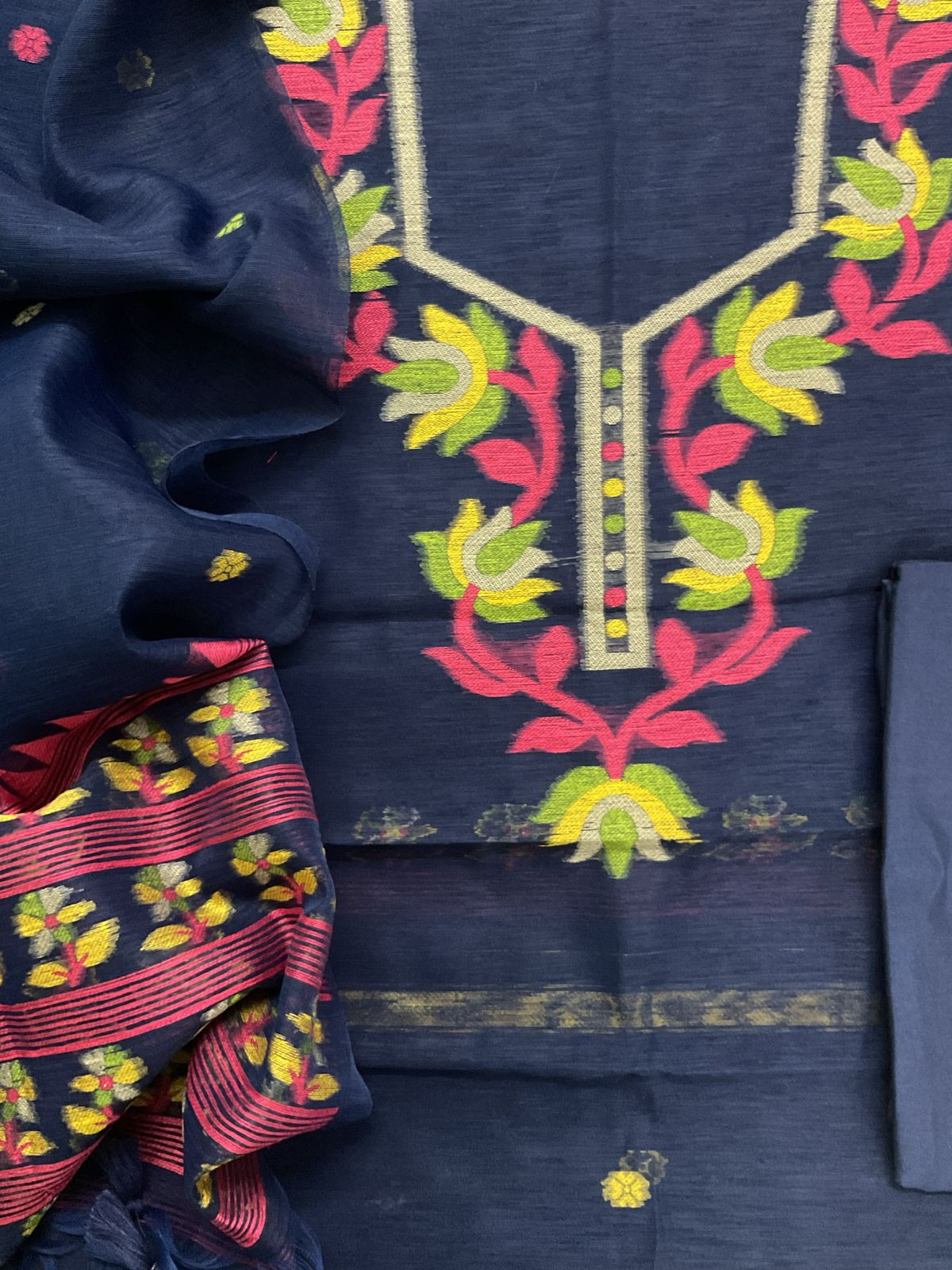 Soft Slub Chanderi Jamdani Weaved Suit - Dark Blue