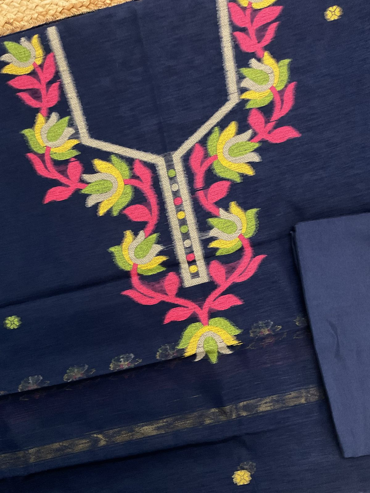 Soft Slub Chanderi Jamdani Weaved Suit - Dark Blue