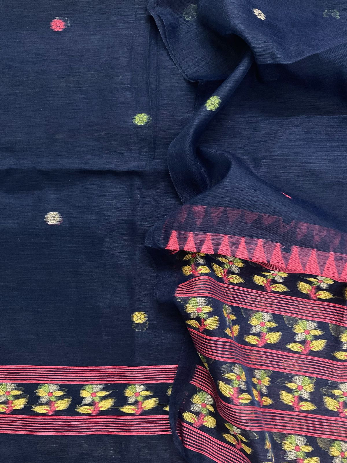 Soft Slub Chanderi Jamdani Weaved Suit - Dark Blue