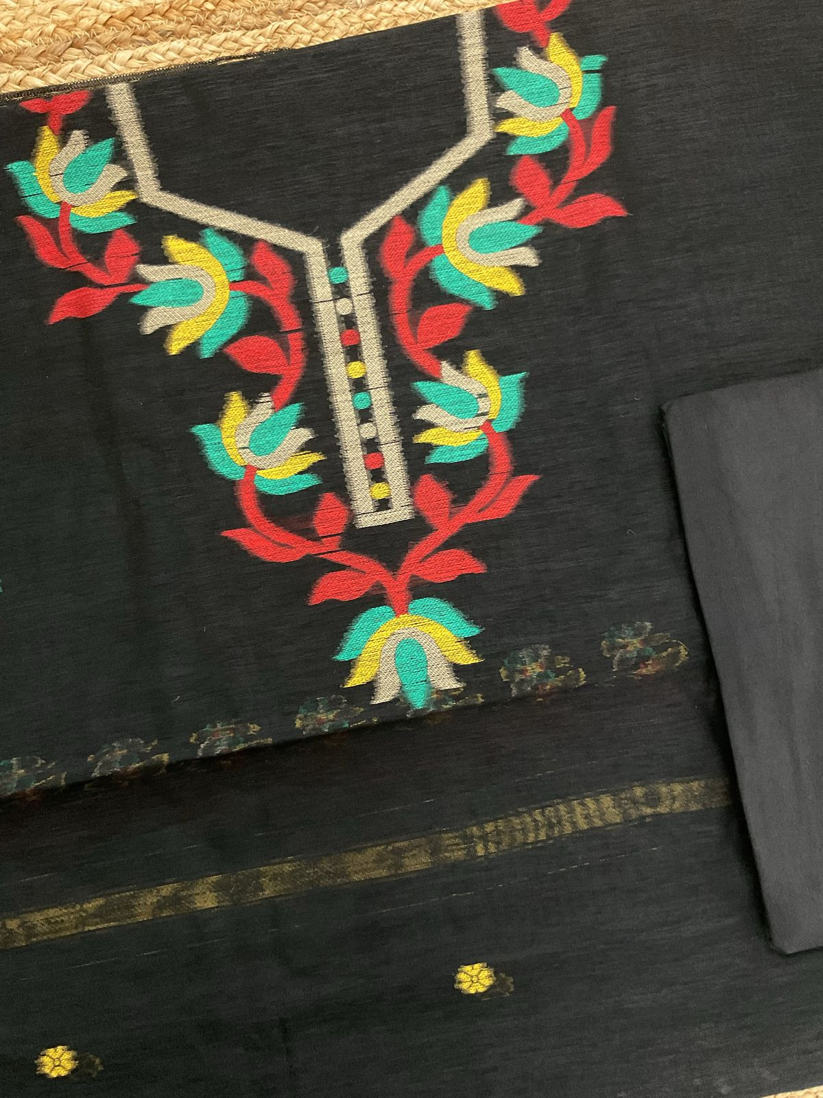 Soft Slub Chanderi Jamdani Weaved Suit - Black