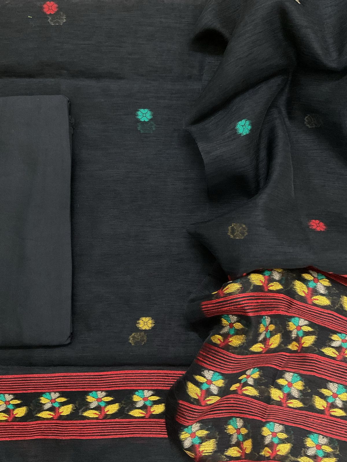 Soft Slub Chanderi Jamdani Weaved Suit - Black