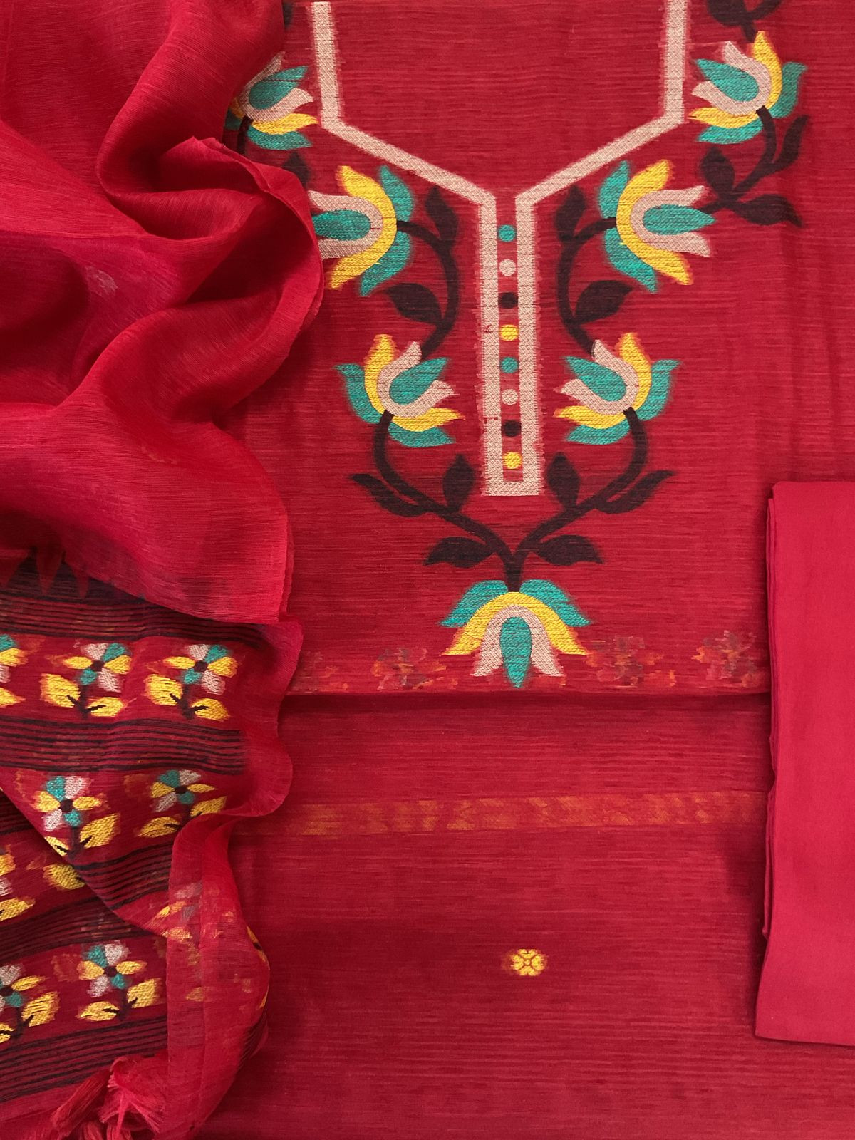 Soft Slub Chanderi Jamdani Weaved Suit - Red