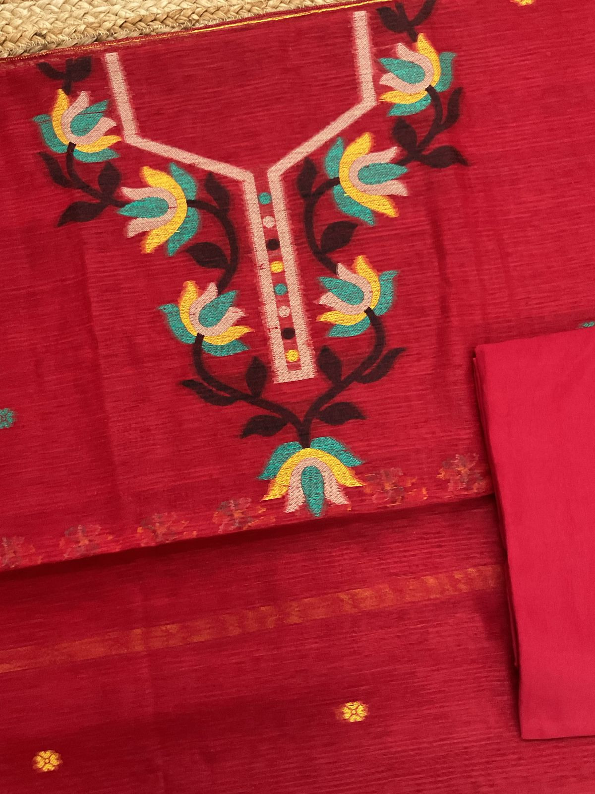 Soft Slub Chanderi Jamdani Weaved Suit - Red