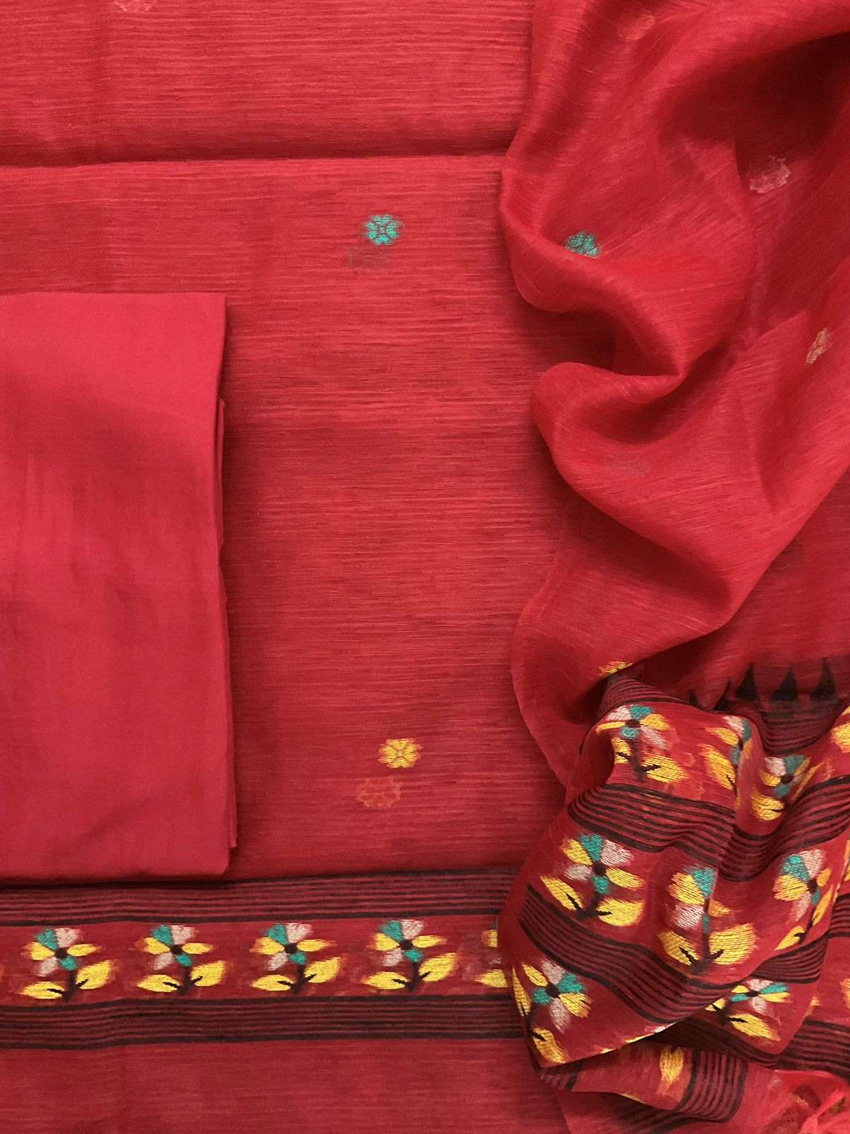 Soft Slub Chanderi Jamdani Weaved Suit - Red