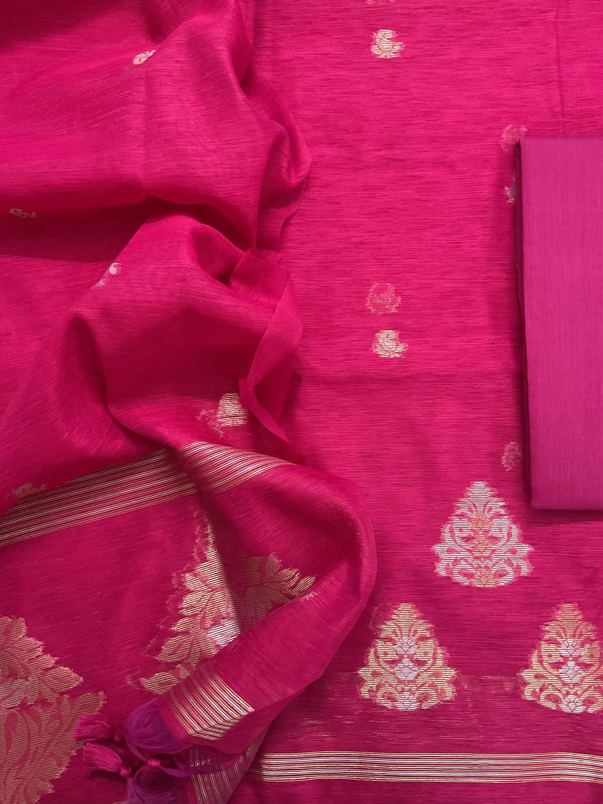 Soft Slub Chanderi Jamdani Weaved Suit - Pink