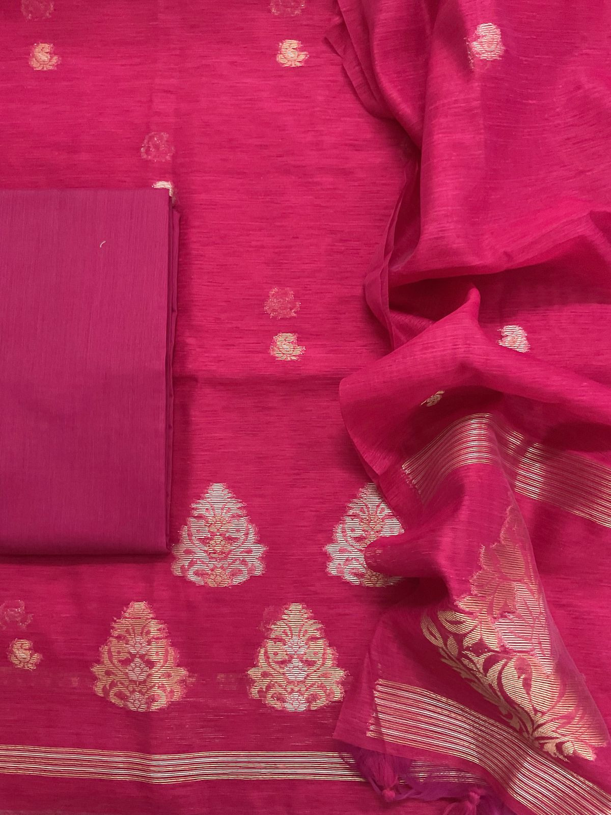 Soft Slub Chanderi Jamdani Weaved Suit - Pink