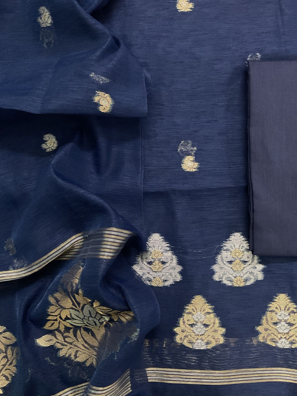 Soft Slub Chanderi Jamdani Weaved Suit - Dark Blue
