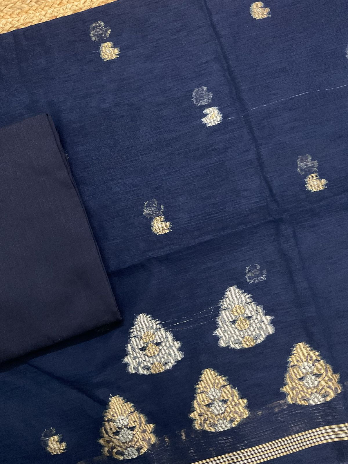 Soft Slub Chanderi Jamdani Weaved Suit - Dark Blue