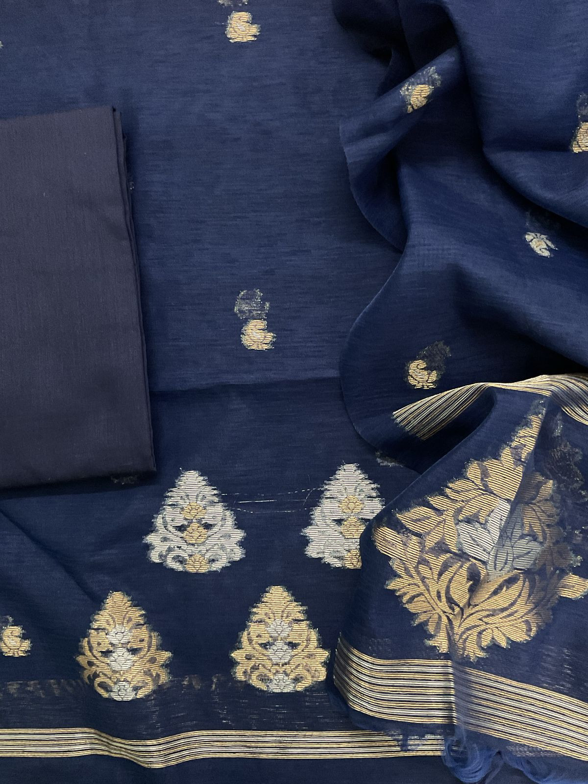 Soft Slub Chanderi Jamdani Weaved Suit - Dark Blue