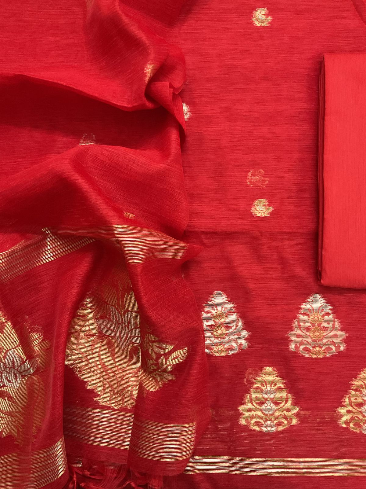 Soft Slub Chanderi Jamdani Weaved Suit - Red