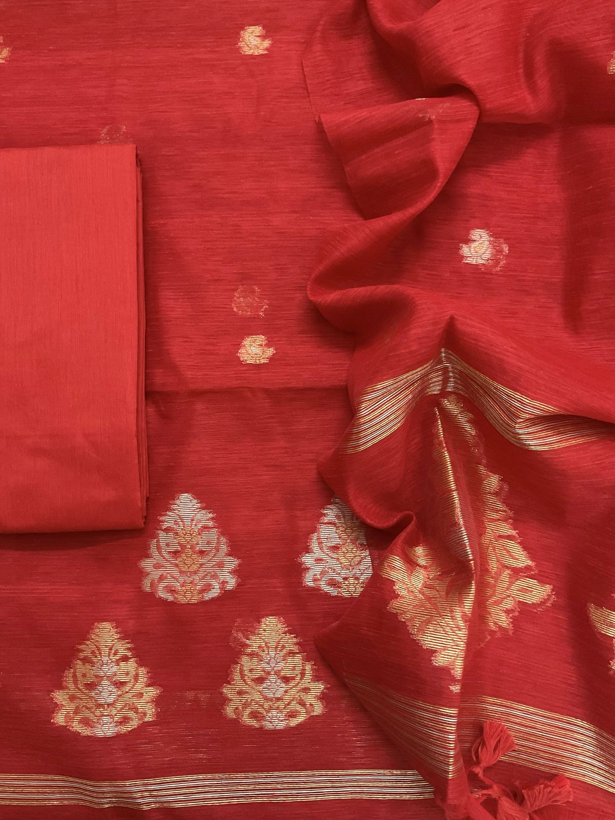 Soft Slub Chanderi Jamdani Weaved Suit - Red