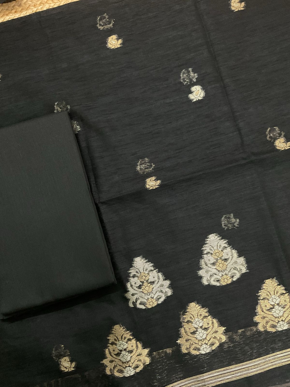 Soft Slub Chanderi Jamdani Weaved Suit - Black