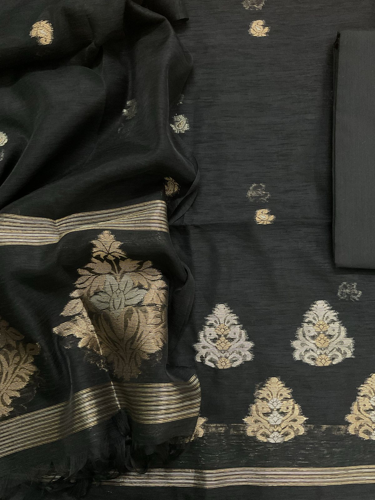 Soft Slub Chanderi Jamdani Weaved Suit - Black