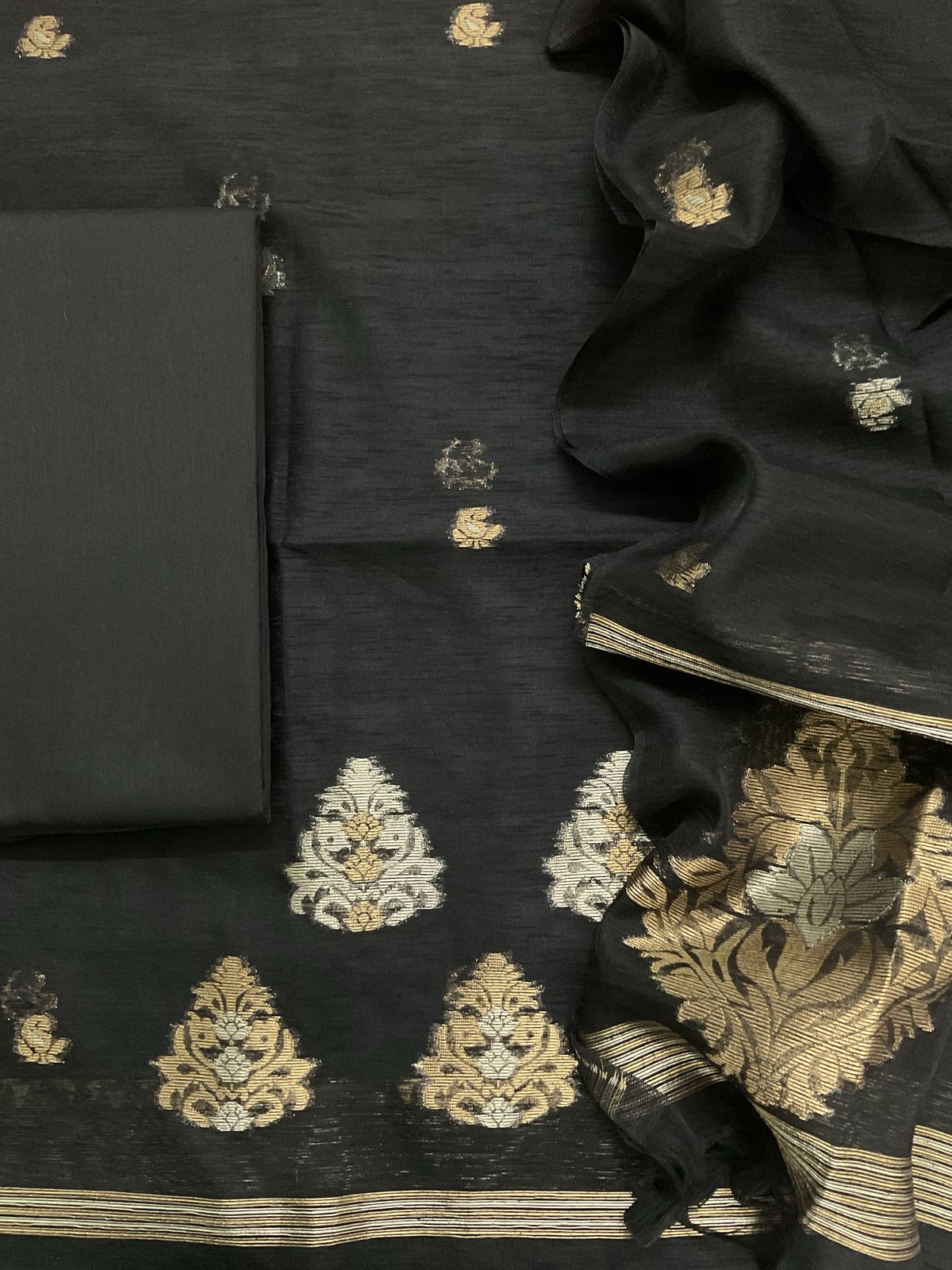 Soft Slub Chanderi Jamdani Weaved Suit - Black
