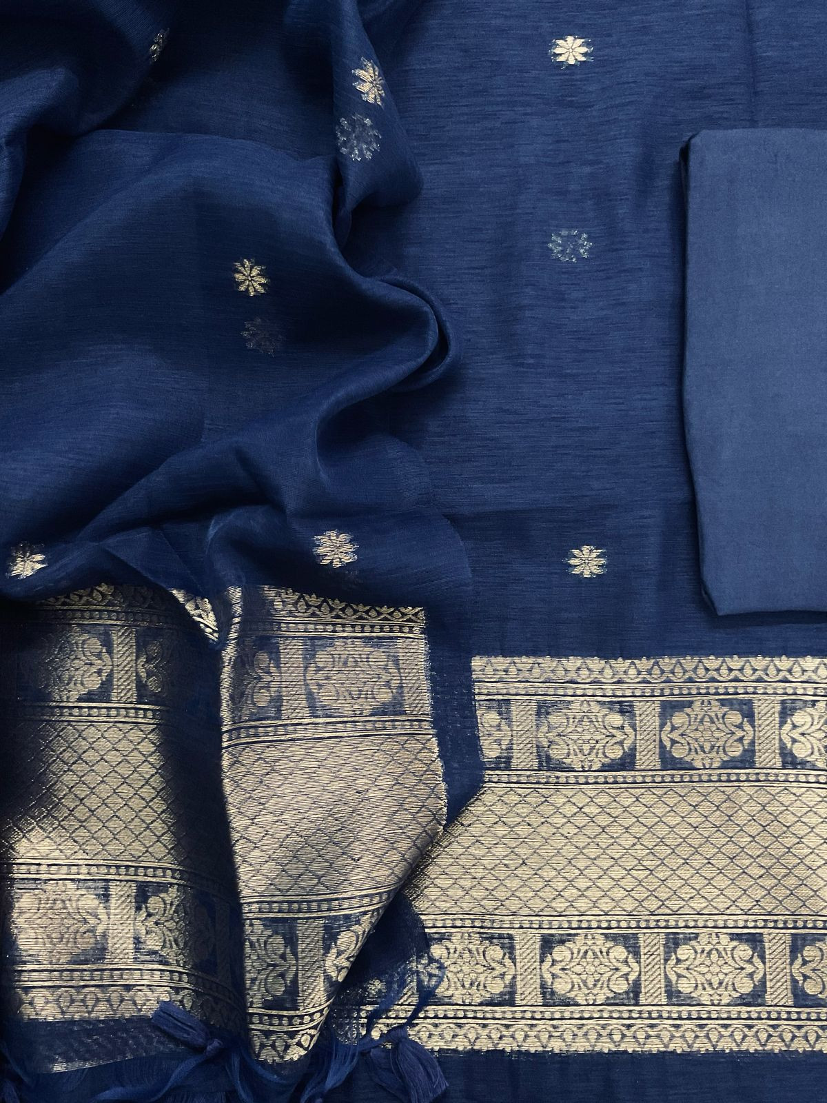Soft Slub Chanderi Jamdani Weaved Suit - Dark Blue
