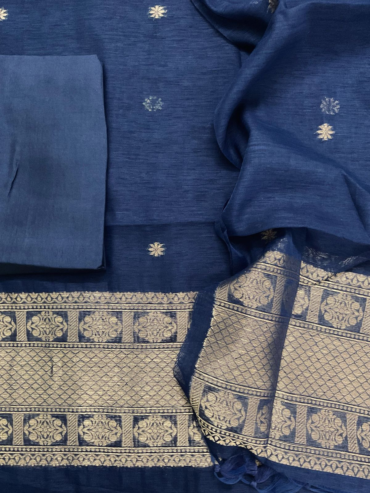 Soft Slub Chanderi Jamdani Weaved Suit - Dark Blue