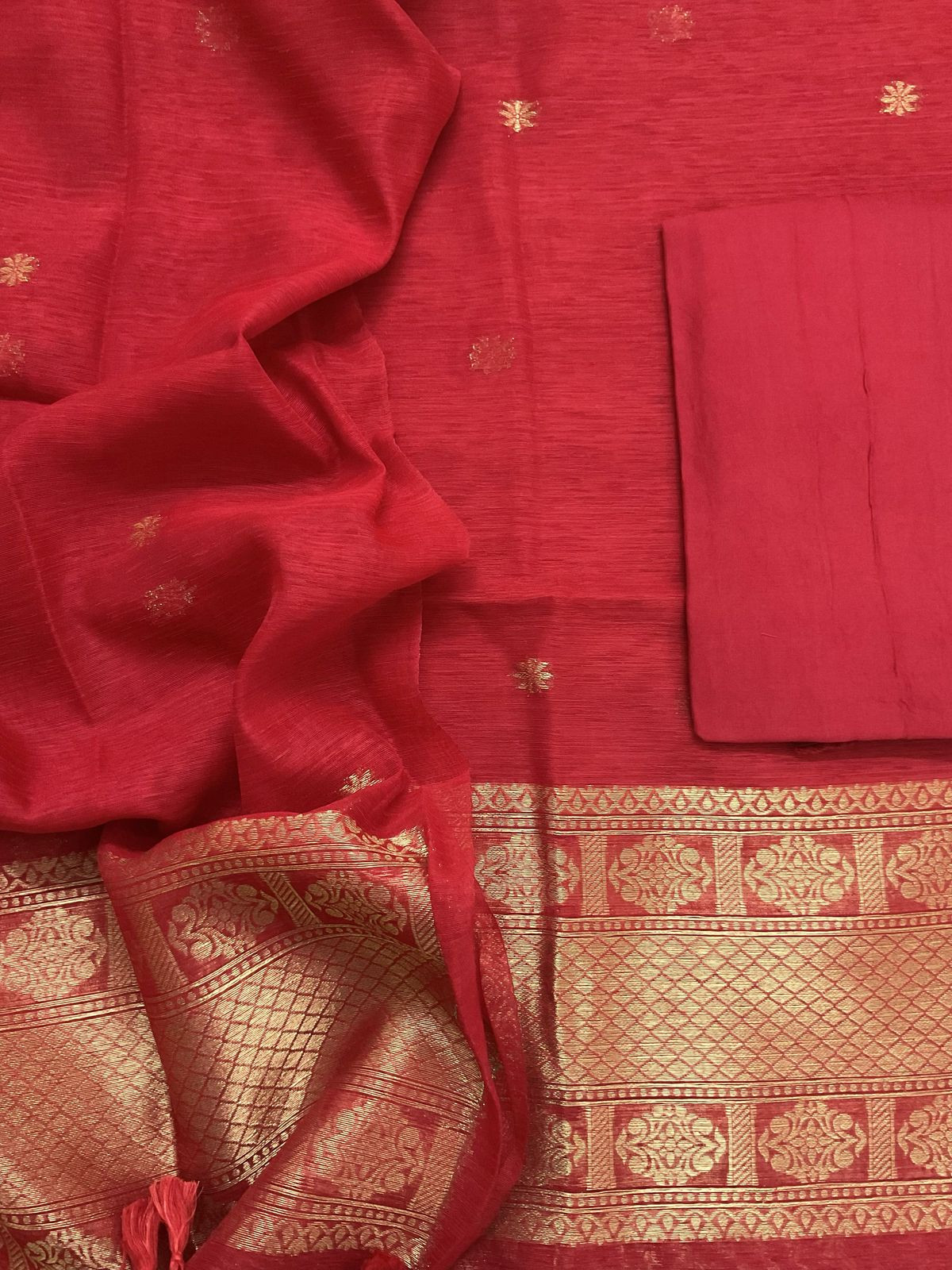 Soft Slub Chanderi Jamdani Weaved Suit - Red