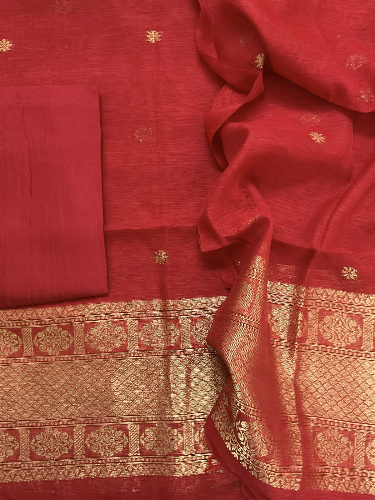 Soft Slub Chanderi Jamdani Weaved Suit - Red