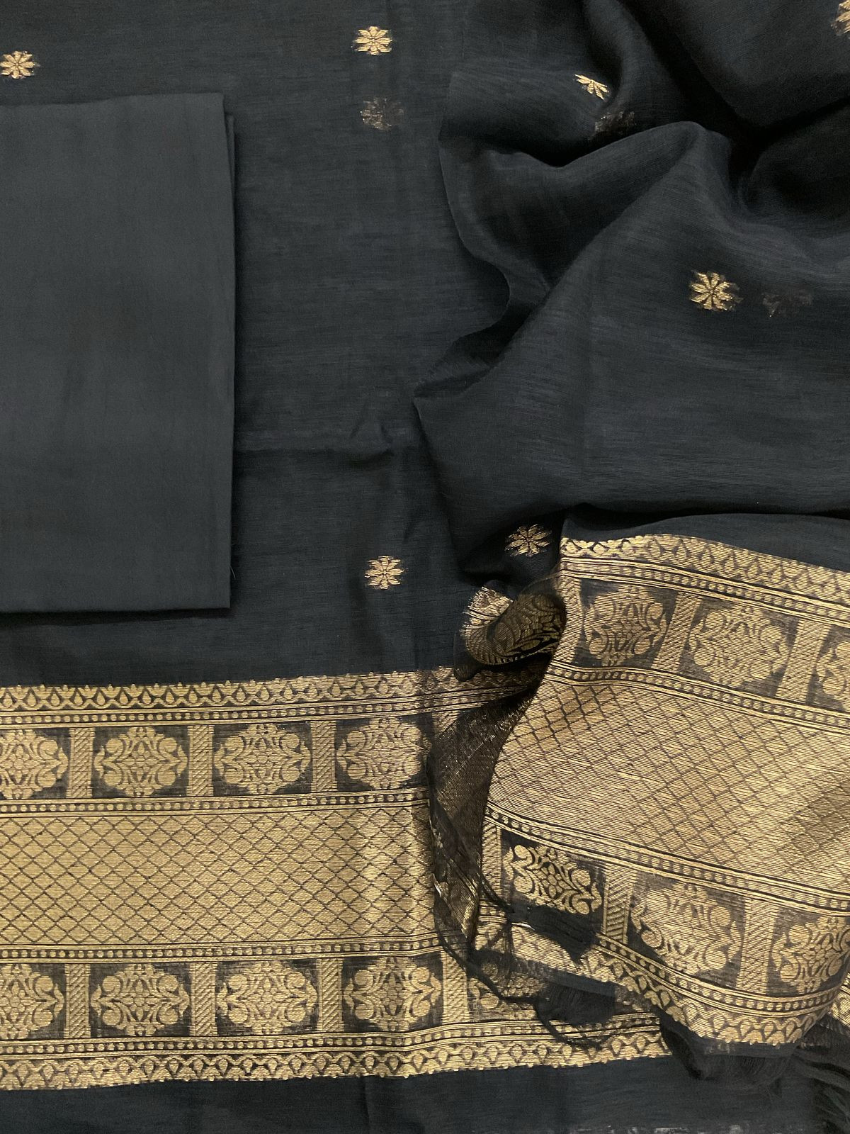 Soft Slub Chanderi Jamdani Weaved Suit - Black