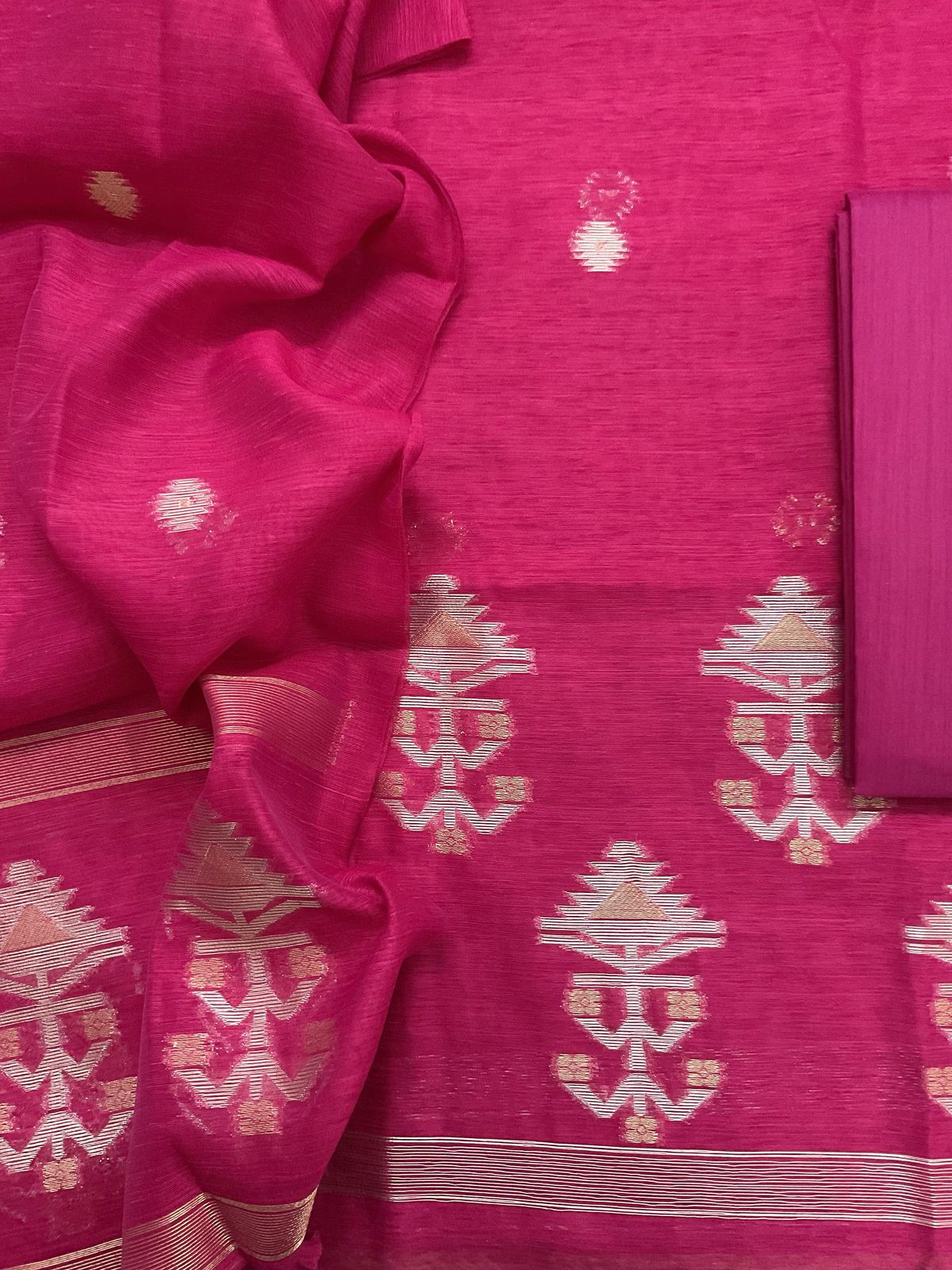 Soft Slub Chanderi Jamdani Weaved Suit - Pink
